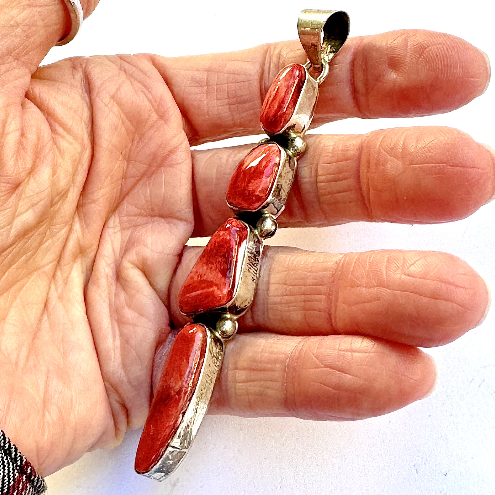 Long Navajo Pendant Red Spiny Oyster 3.75in Sterling Signed Juanita Turquoise