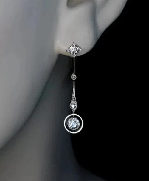 Art Deco Brilliant Cut Lab Created Diamond 14K White Gold Plated Dangle Earrings