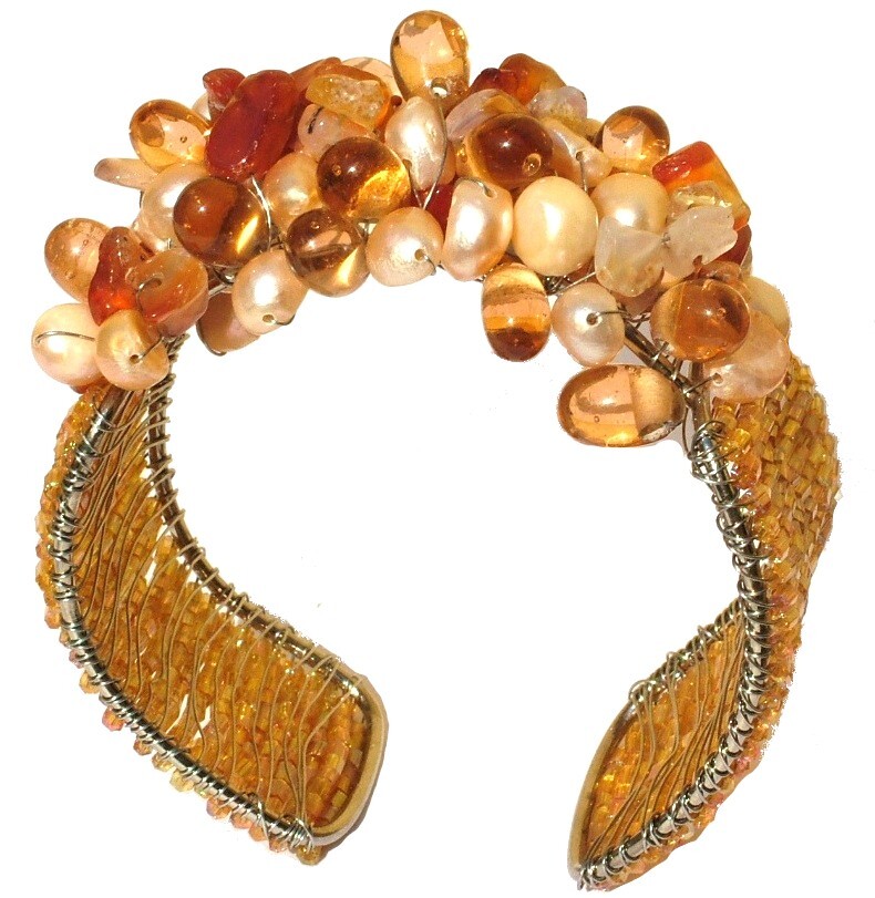 Bangle 30x Orange Carnelian 20x Apricot Beads on Silver Wide Adjustable