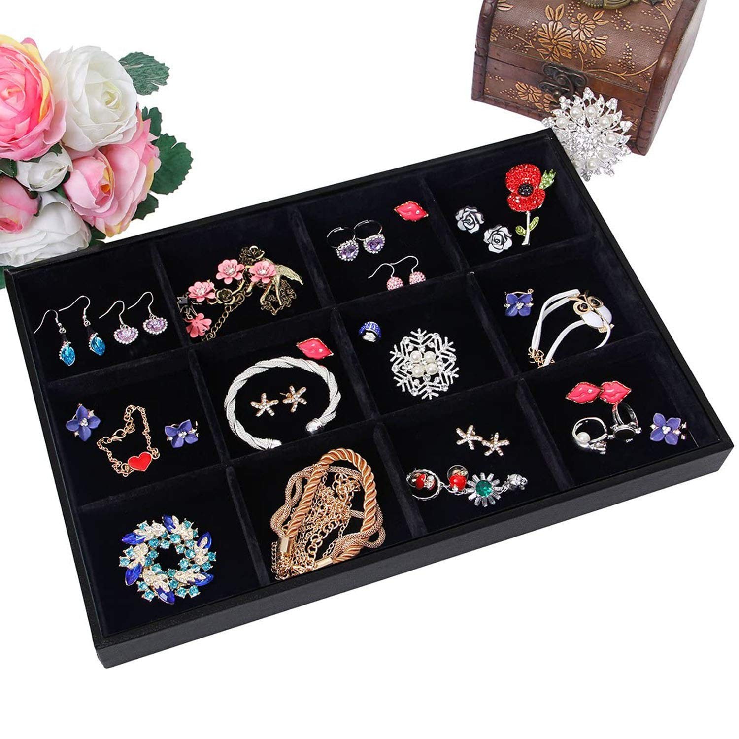 Black Velvet Stackable 12 Grid Jewelry Tray for Women Gemstone Pendant,Diamon…