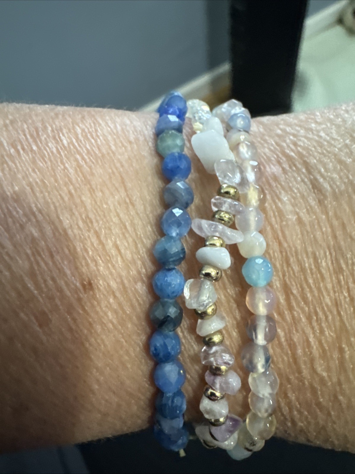 Beaded Gemstone Stretch Bracelets, Set Of 6- Purple And Blue Tone. Approx 2-3mm