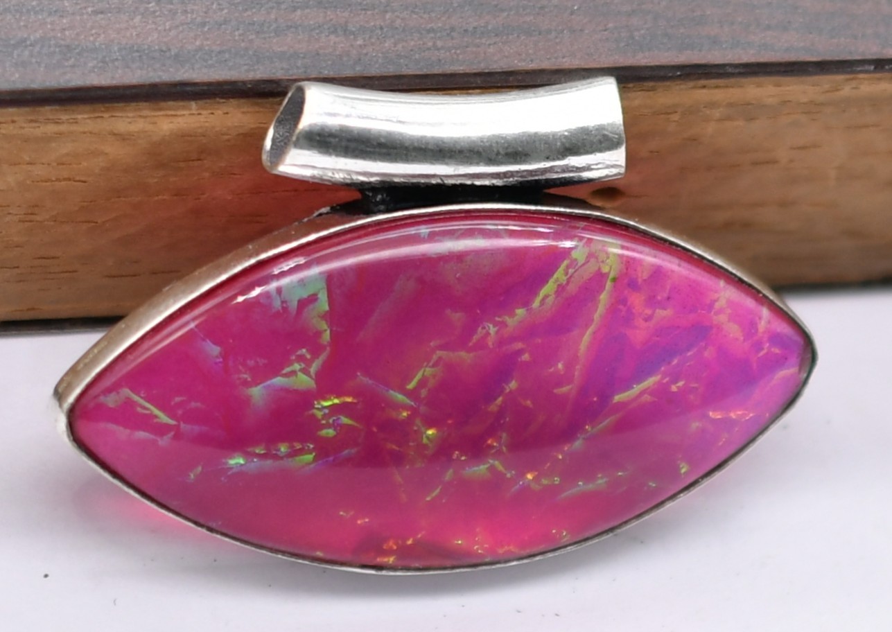 Pink Fire Opal Natural Gemstone Antique Silver Plated Pendant 1″ J682