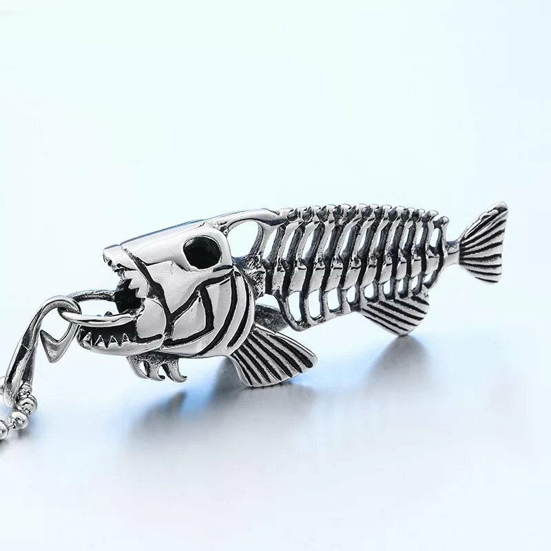 MENDEL Mens Fishing Fish Bone Skeleton Hook Necklace Pendant Stainless Steel Men