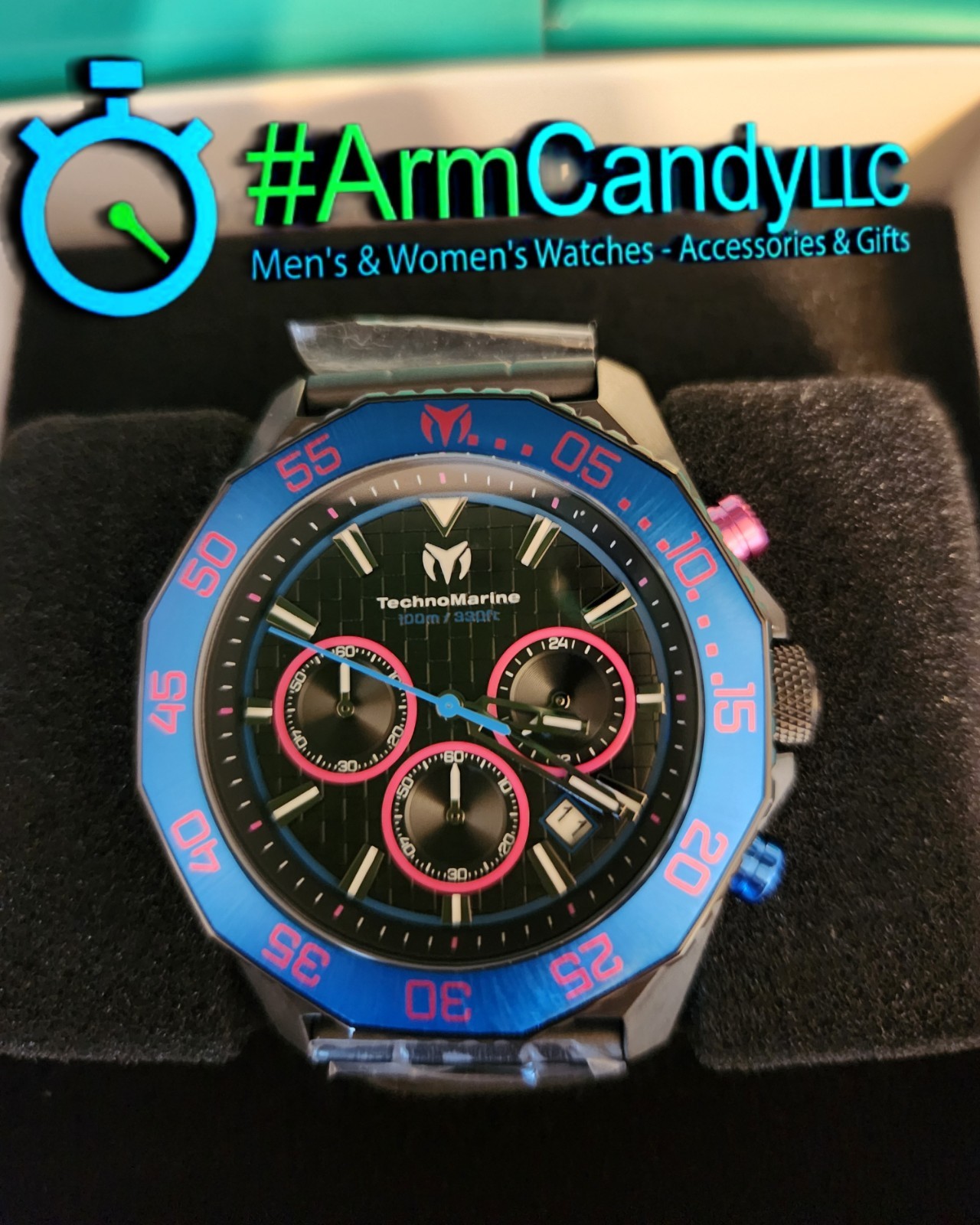 RARE! 44mm Mens TechnoMarine LEGENDS Watch Black-Blue-Pink Chronograph ONE LEFT!