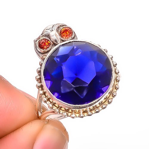 Owl – Blue Sapphire & Garnet (Lab-Created) Handmade Silver Plated Ring s.8 S191