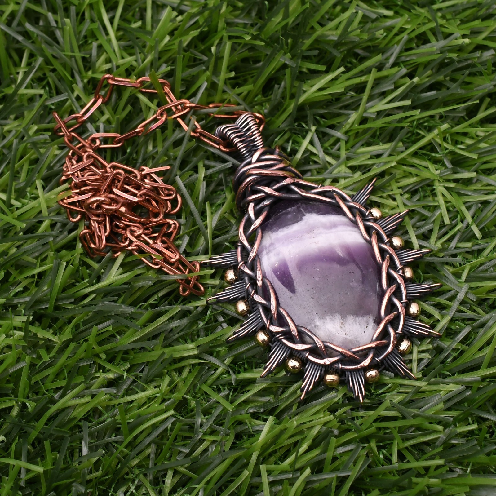 Amethyst Lace Gemstone Copper Wire Wrap Handmade Jewelry Pendant 2.28″