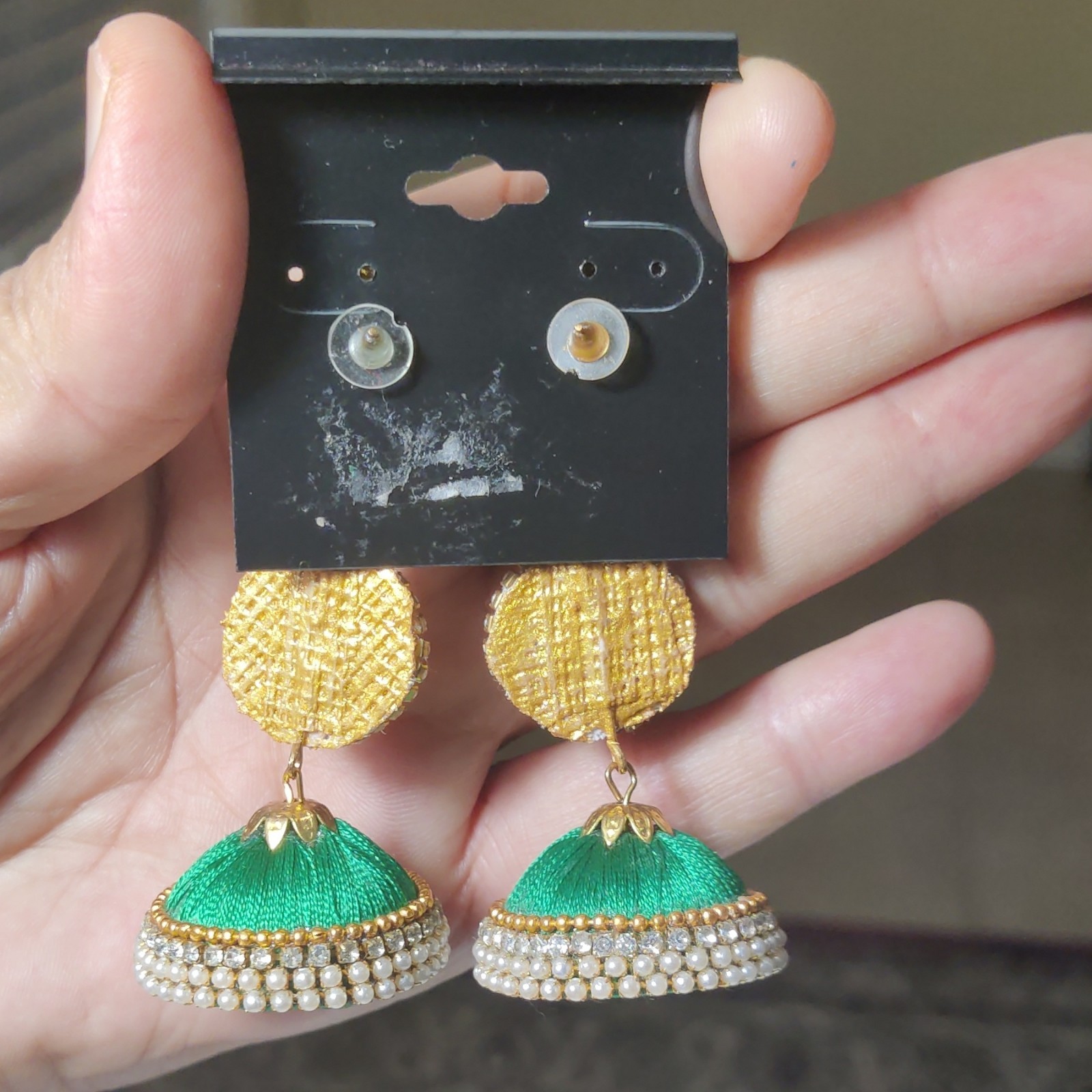 Gold Tone Green Dangle/Drop Earrings, Simulated White Pearl Crystal, Post