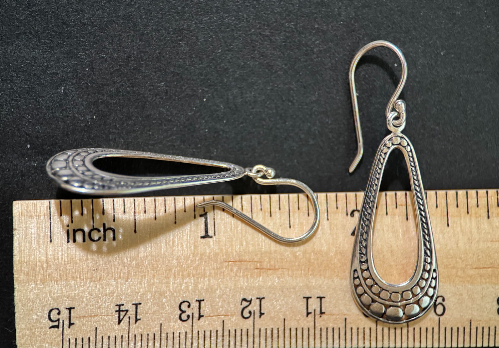 925 Sterling Silver Dangle Teardrop Earrings Textured Design 3.29g Pair