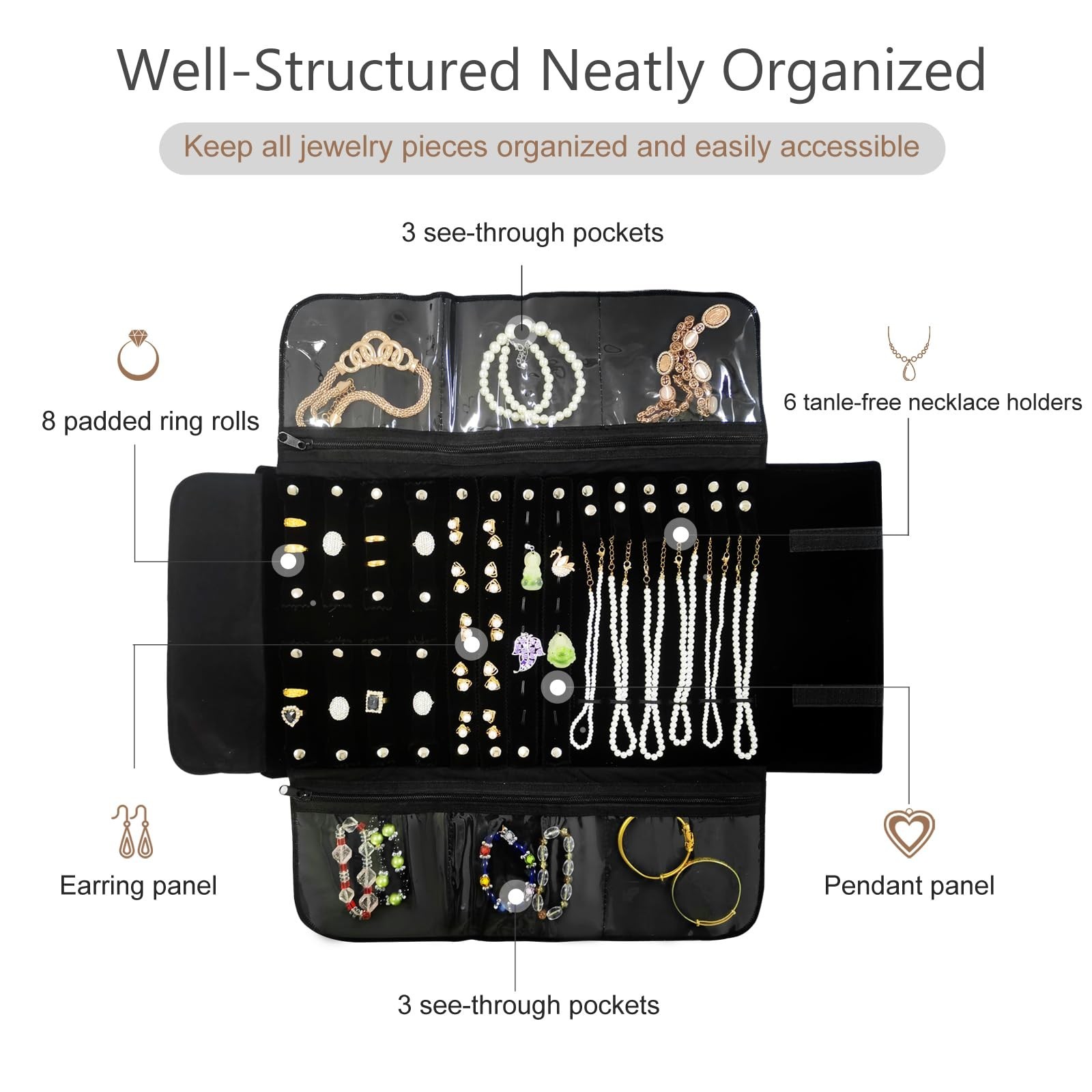 Velvet Travel Jewelry Organizer Roll Bag for Necklaces, Bracelets, Earrings & Ri