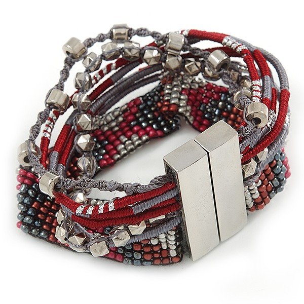 Glass Bead, Silk Cord Magnetic Bracelet in Hematite/ Silver/ Dark Red – 18cm L