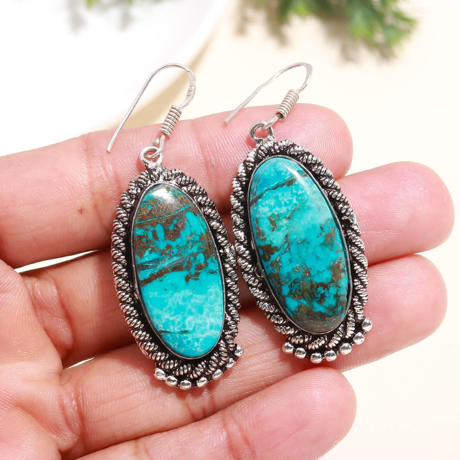 Turquoise Gemstone Jewelry 925 Sterling Silver Handmade Earring Gift For Her