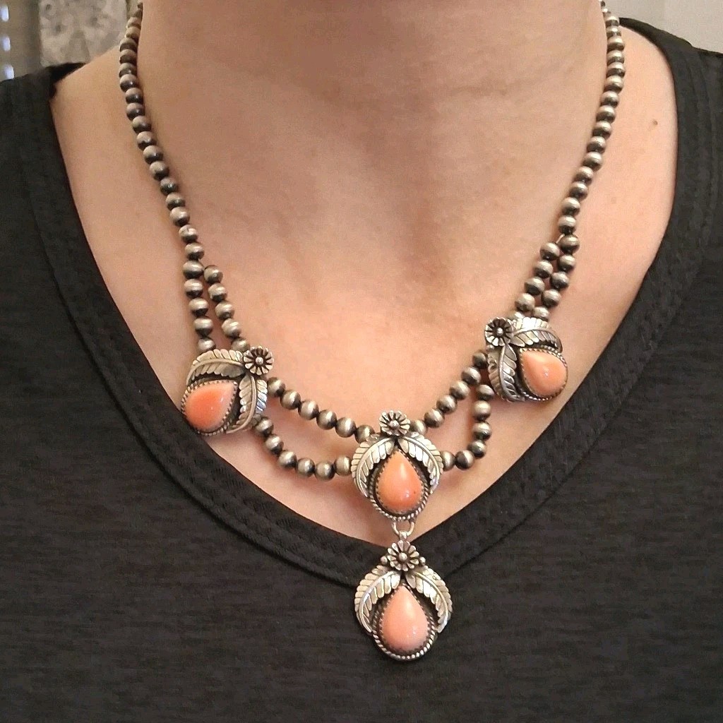Pink Conch Lariat Necklace 5mm Navajo Pearls 50g Sterling Silver Southwestern