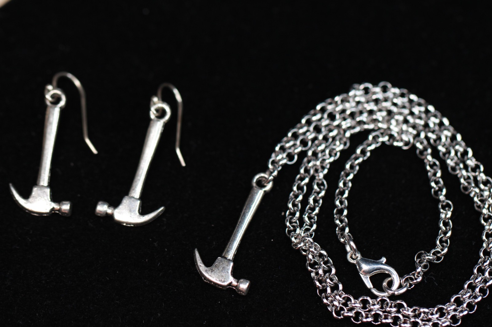 Hammer Tool Necklace Set Earrings Silver Pewter Charms, Sterling Silver Hooks