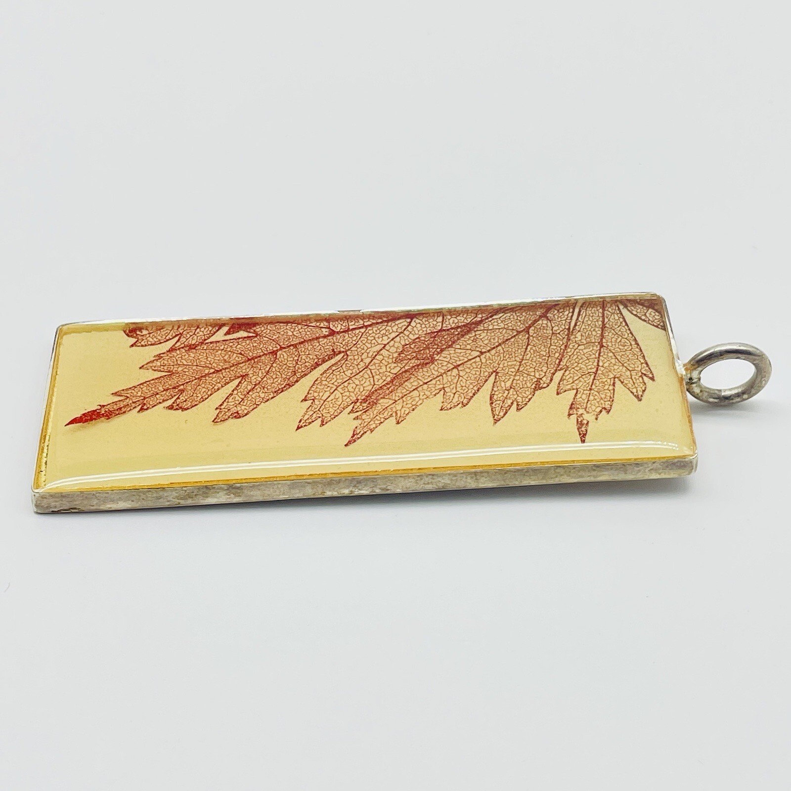 Vintage Golden Enamel Leaf Pendant Silver Tone
