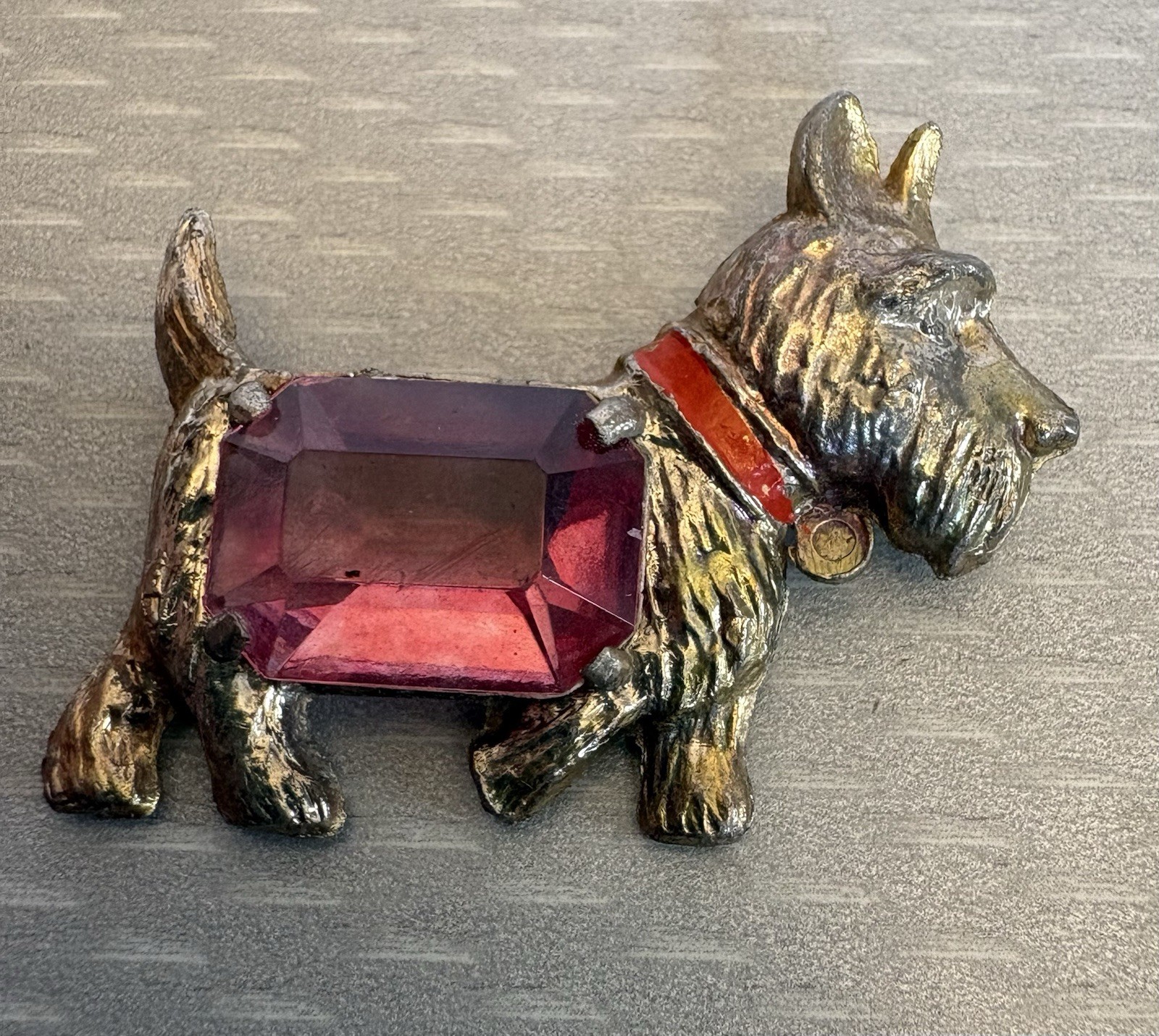 30s Vintage Scottie Dog Brooch Pot Metal Big Pink Glass Stone Signed Star S