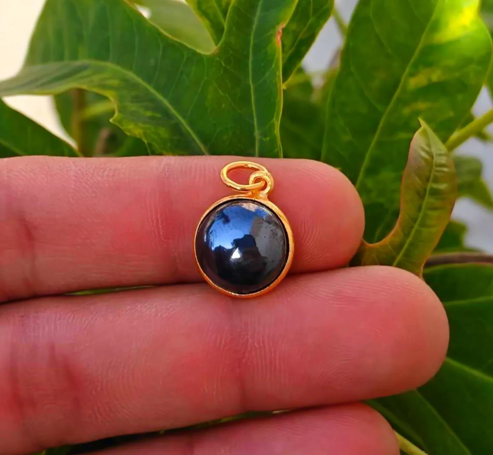 Natural Hematite Gemstone Charm Pendant, Gold Plated Sterling Silver, 3 Grams