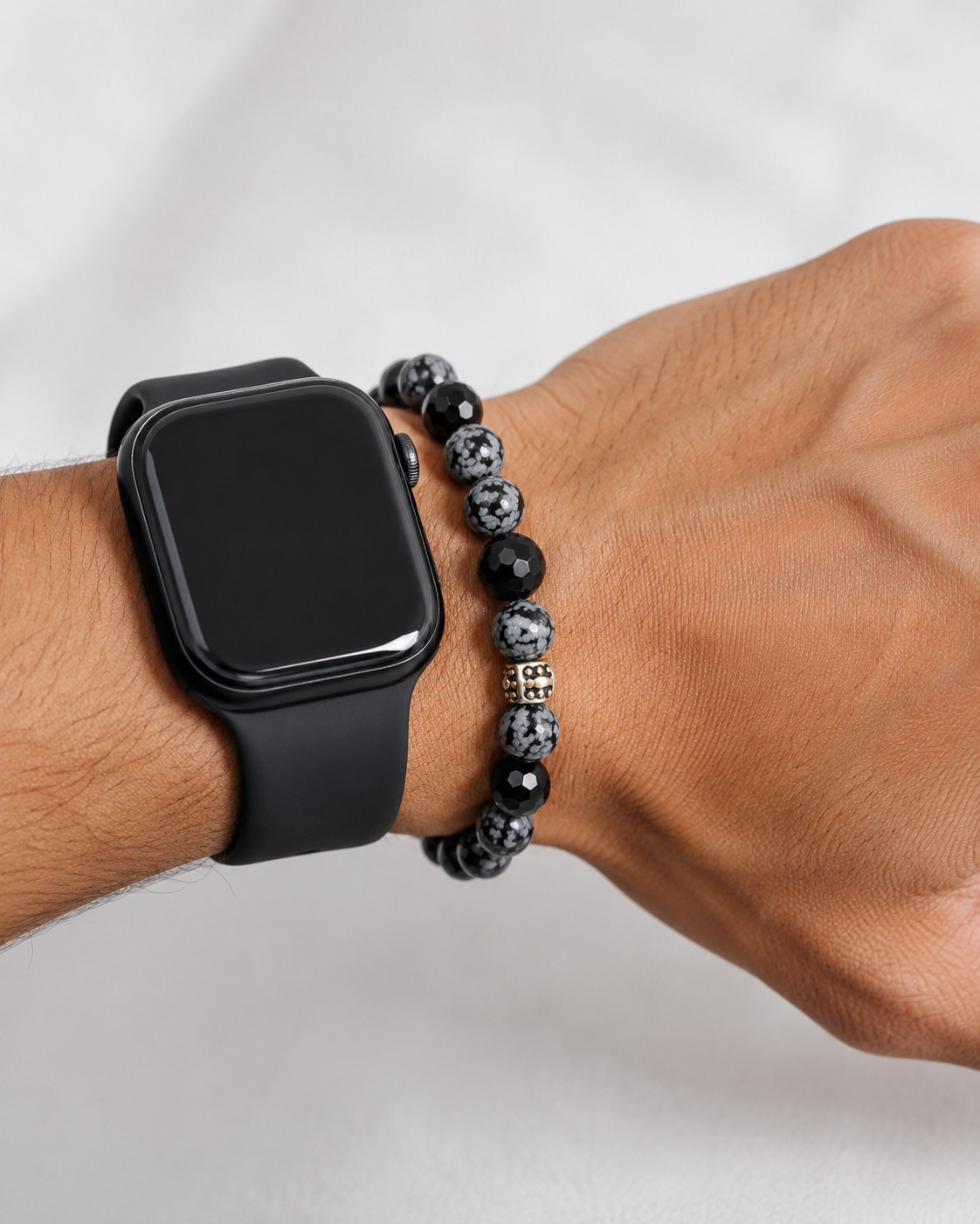 SkyFoxy Snowflake Obsidian 8mm Beaded Stretch Bracelet 7.5 9 in