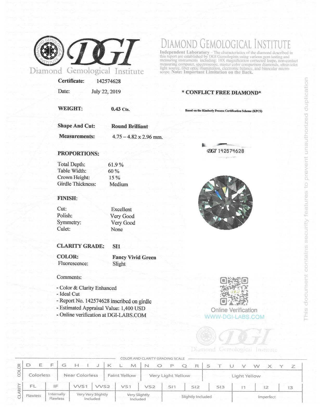 Round Shape Diamond Fancy Green Color SI1 Loose Real Enhanced 0.43 Carat 4.82 MM