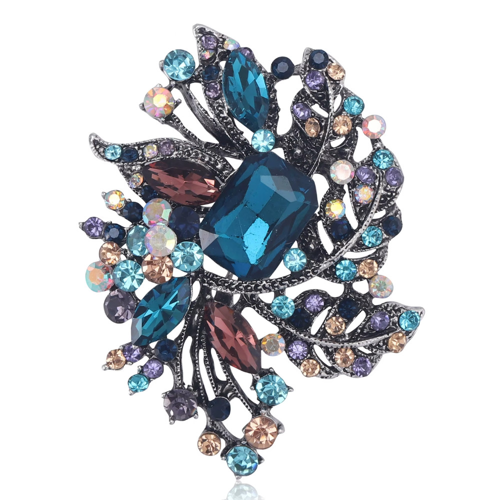Vintage Blue Crystal Flower Brooch Pin Rhinestone Statement Summer Jewelry Gift