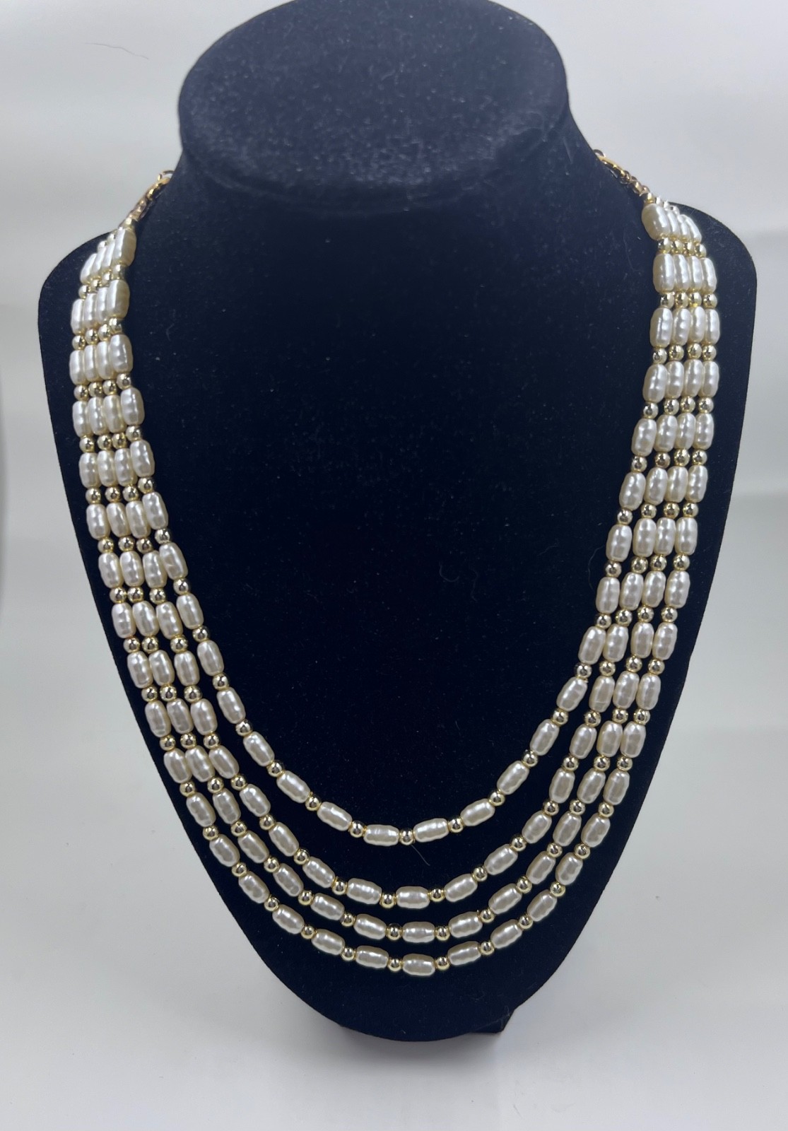 Vintage Multi-Strand Rice Pearl Style Necklace – 4 Strand Layered Cream and Gold