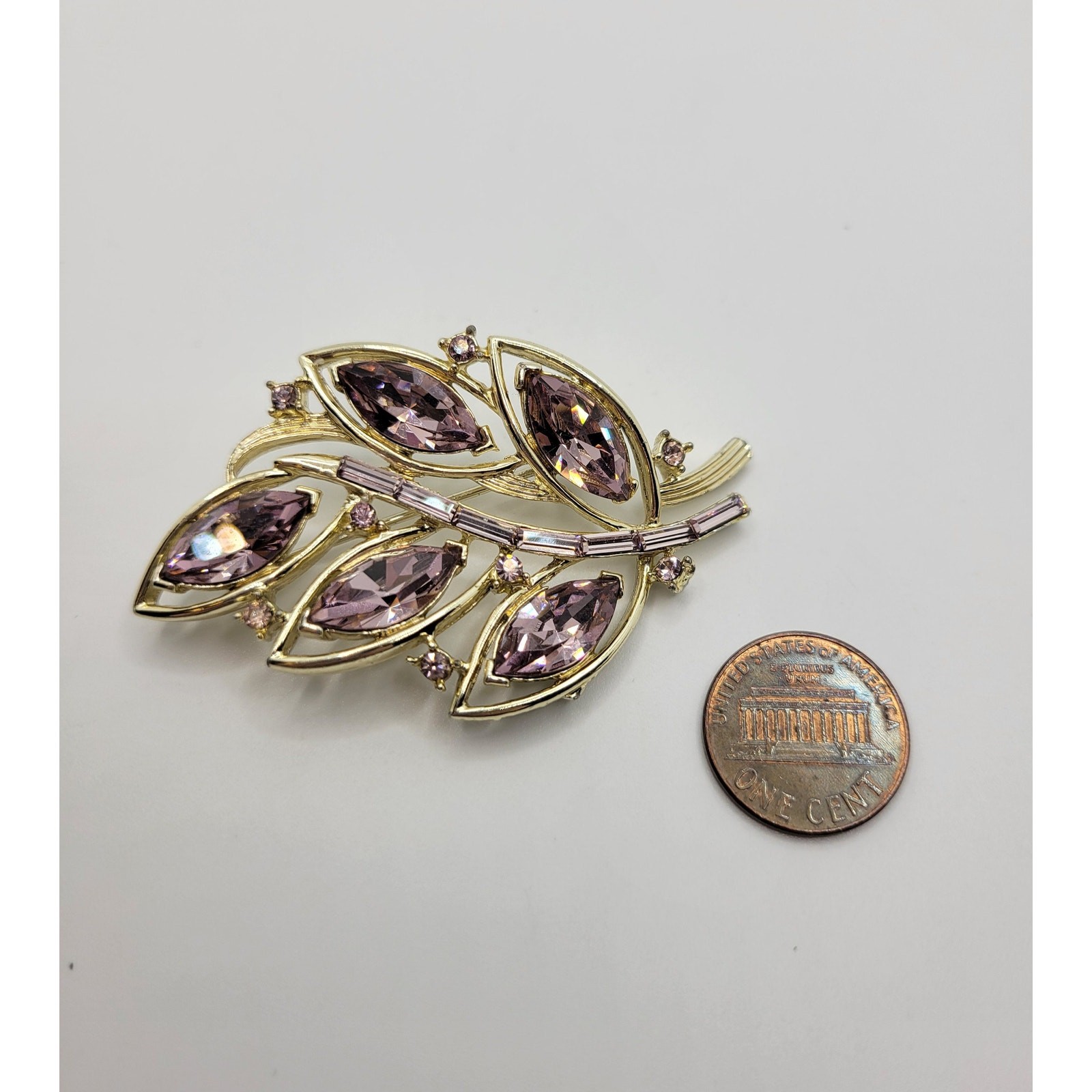 Vintage Kramer Rhinestone Leaf Brooch Amethyst Purple Baguette Marquise Signed