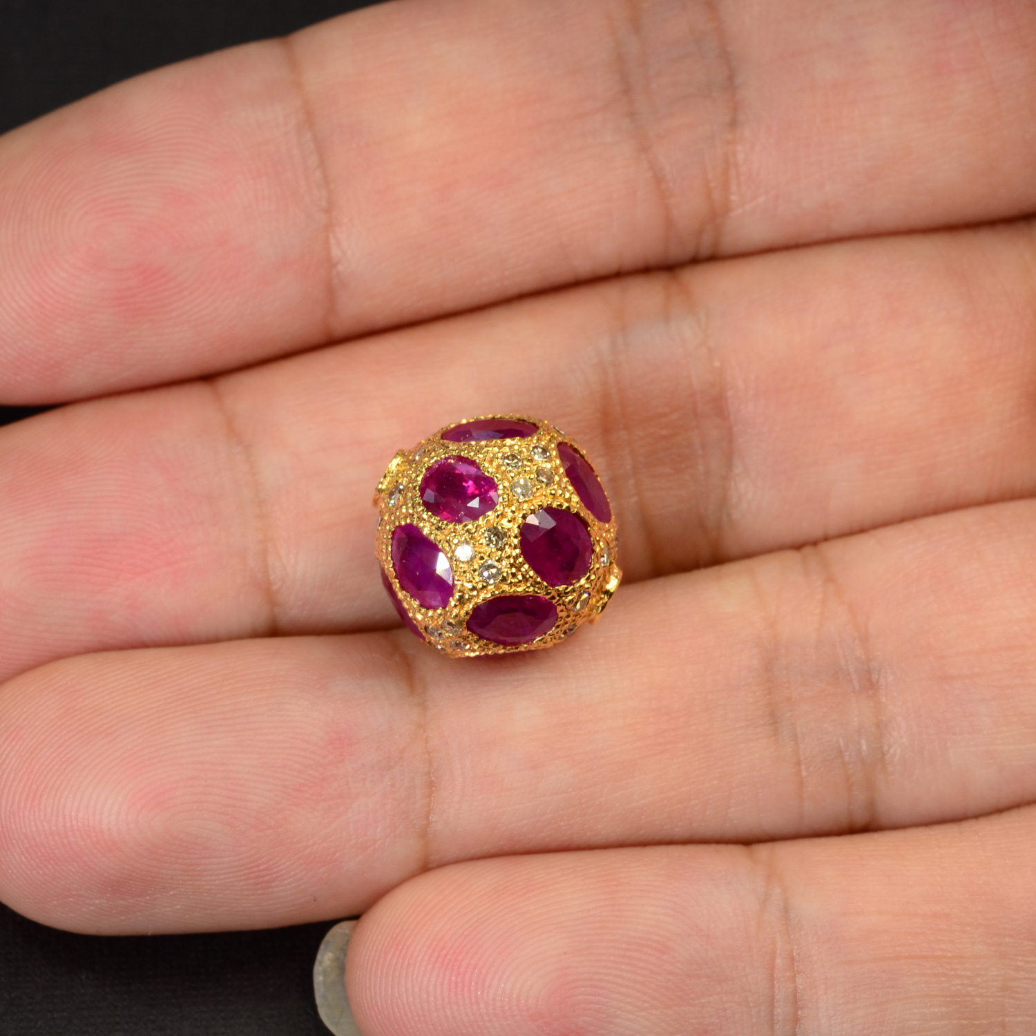 12.3MM 18k Solid Yellow Gold Natural Ruby Champagne Diamond Spacer Pendant Bead