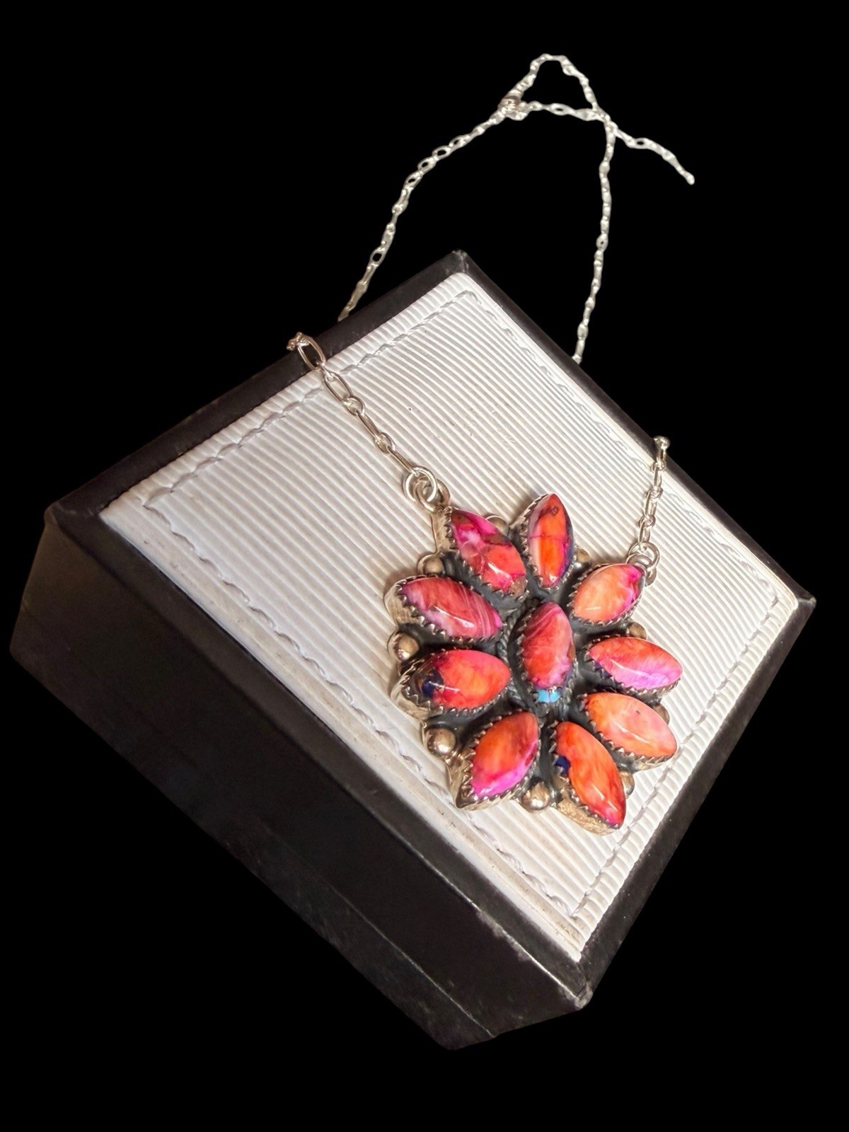 BEAUTIFUL SOUTHWEST STERLING SILVER DAHLIA ROSE TURQUOISE STONE FLOWER NECKLACE