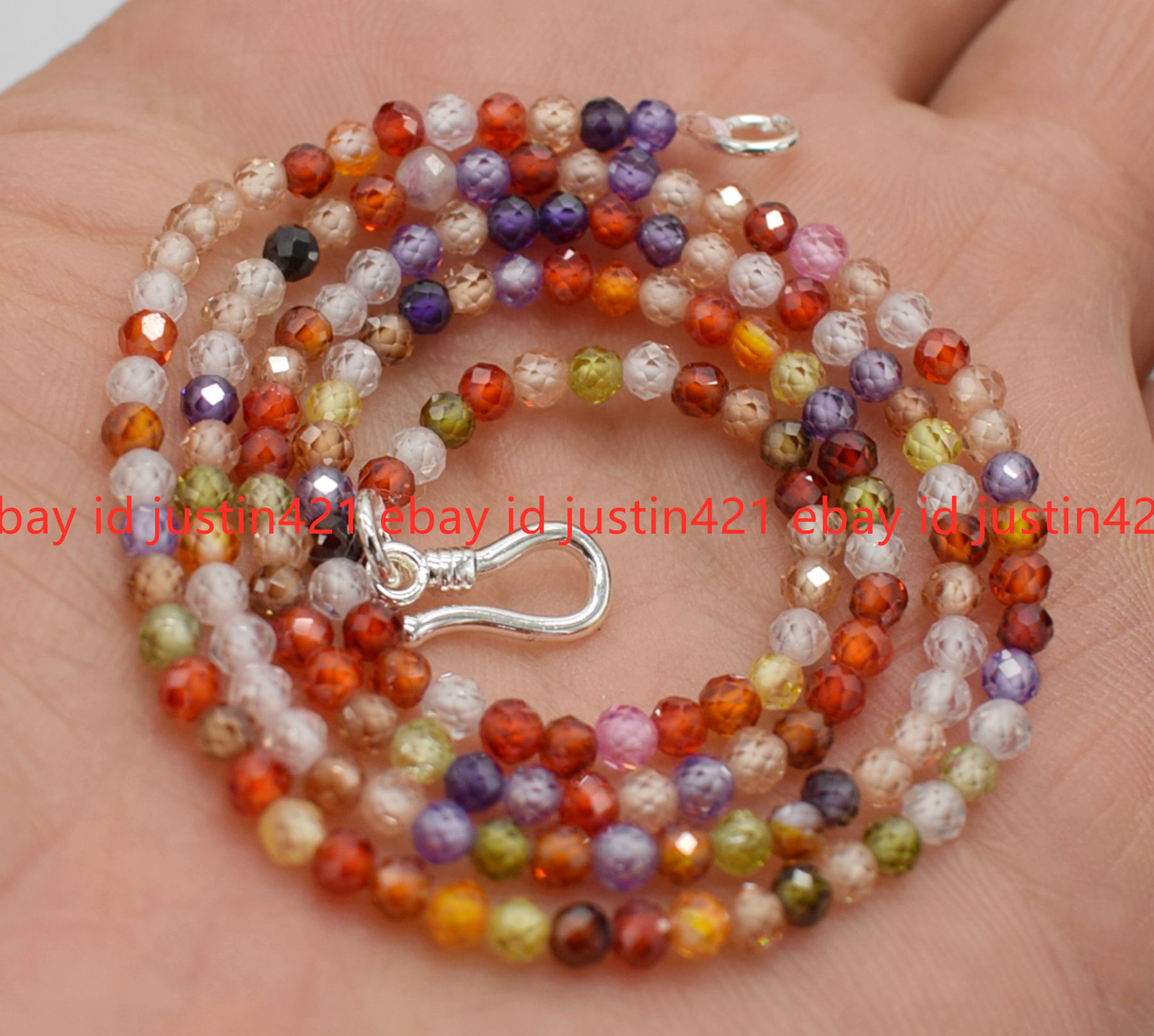Genuine Natural 3mm Faceted Multicolor Zircon Round Gems Necklace Silver Clasp