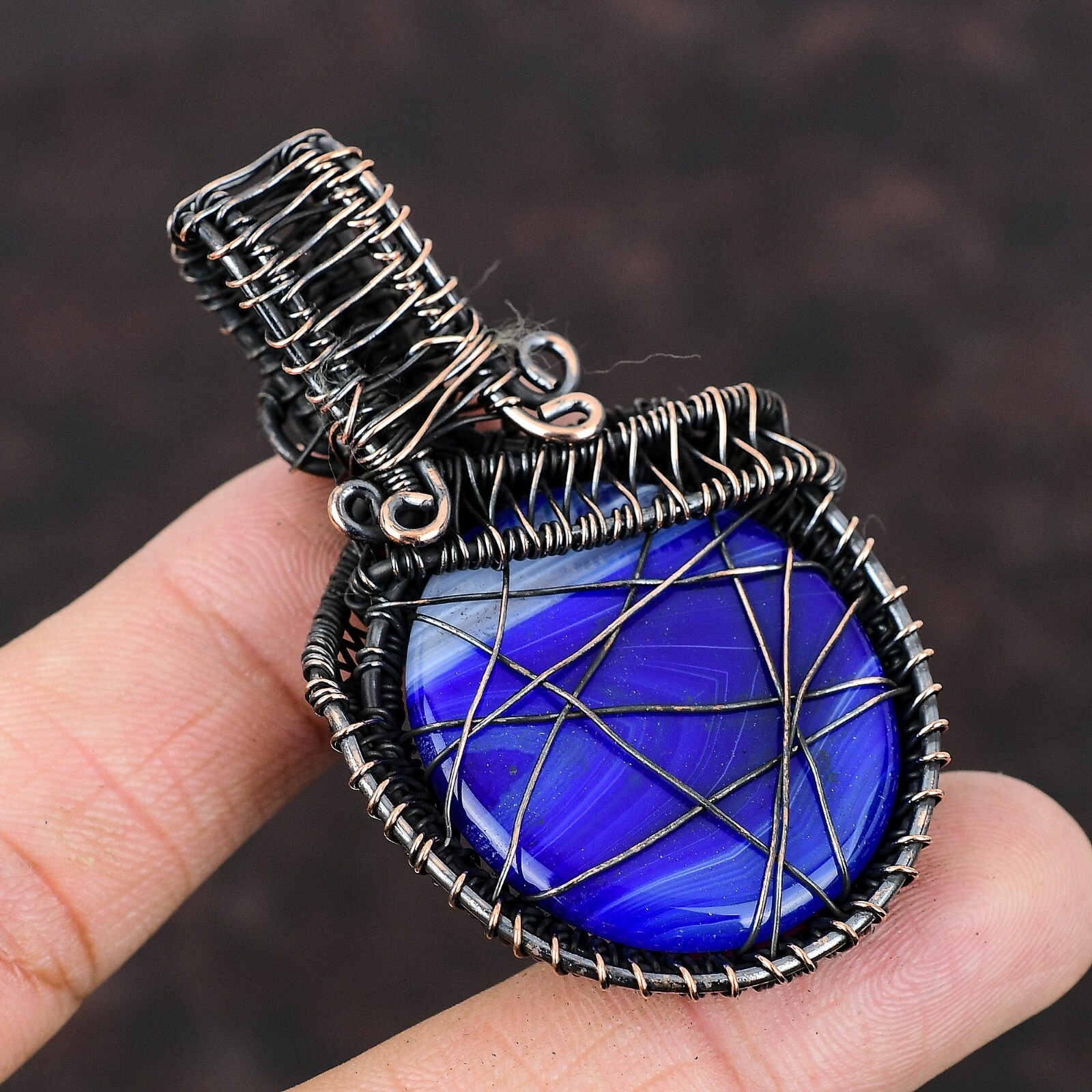 Gift For Her Copper Blue Botswana Agate Jewelry Wire Wrapped Pendant 2.56″