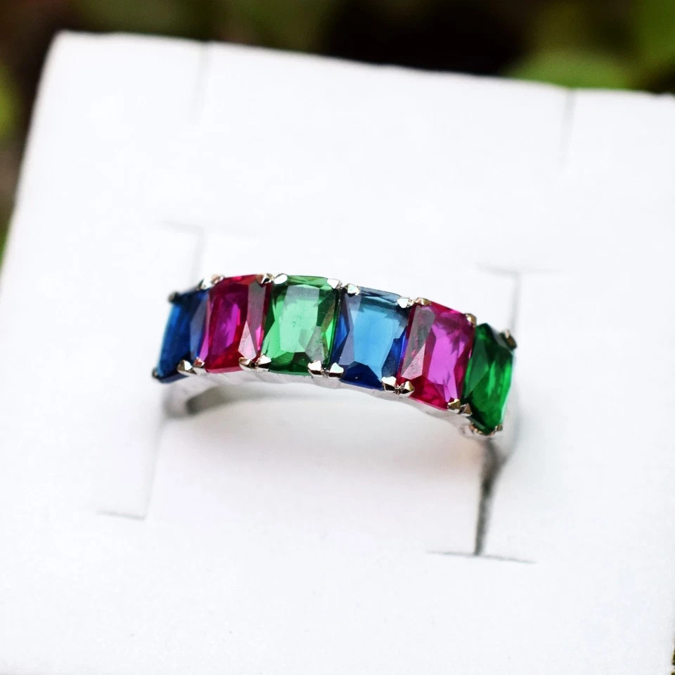 6×4 MM Created Sapphire Ring Half Eternity Band 925 Sterling Silve