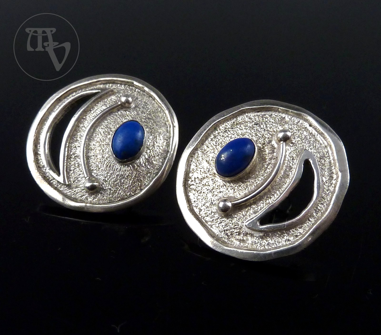 Handmade Lapis Lazuli Stud Earrings 925 Silver Vintage Round Ø2.2cm