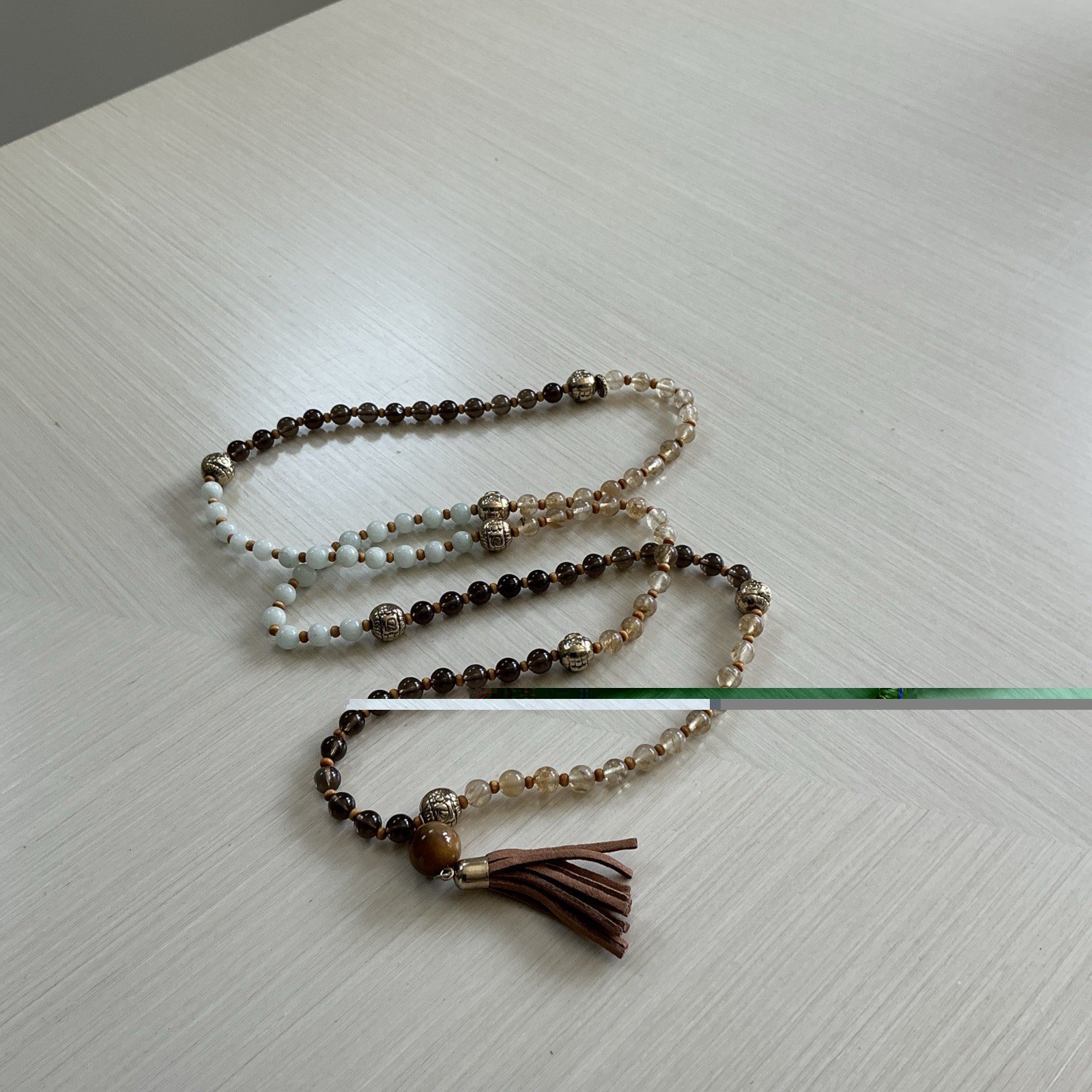 Marlyn Schiff Brown, Beige, Sage Natural Stone Necklace Faux Leather Tassel