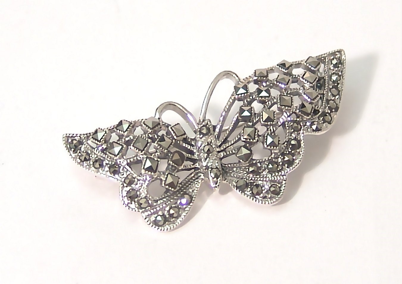 Butterfly Brooch Pin Sterling Silver Oxidized Marcasite 8.8 grams