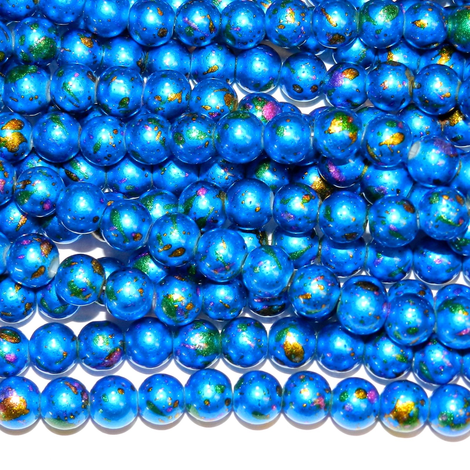 G4266 Blue Metallic Multi-Color Graffiti Drawbench 8mm Round Glass Beads 31″