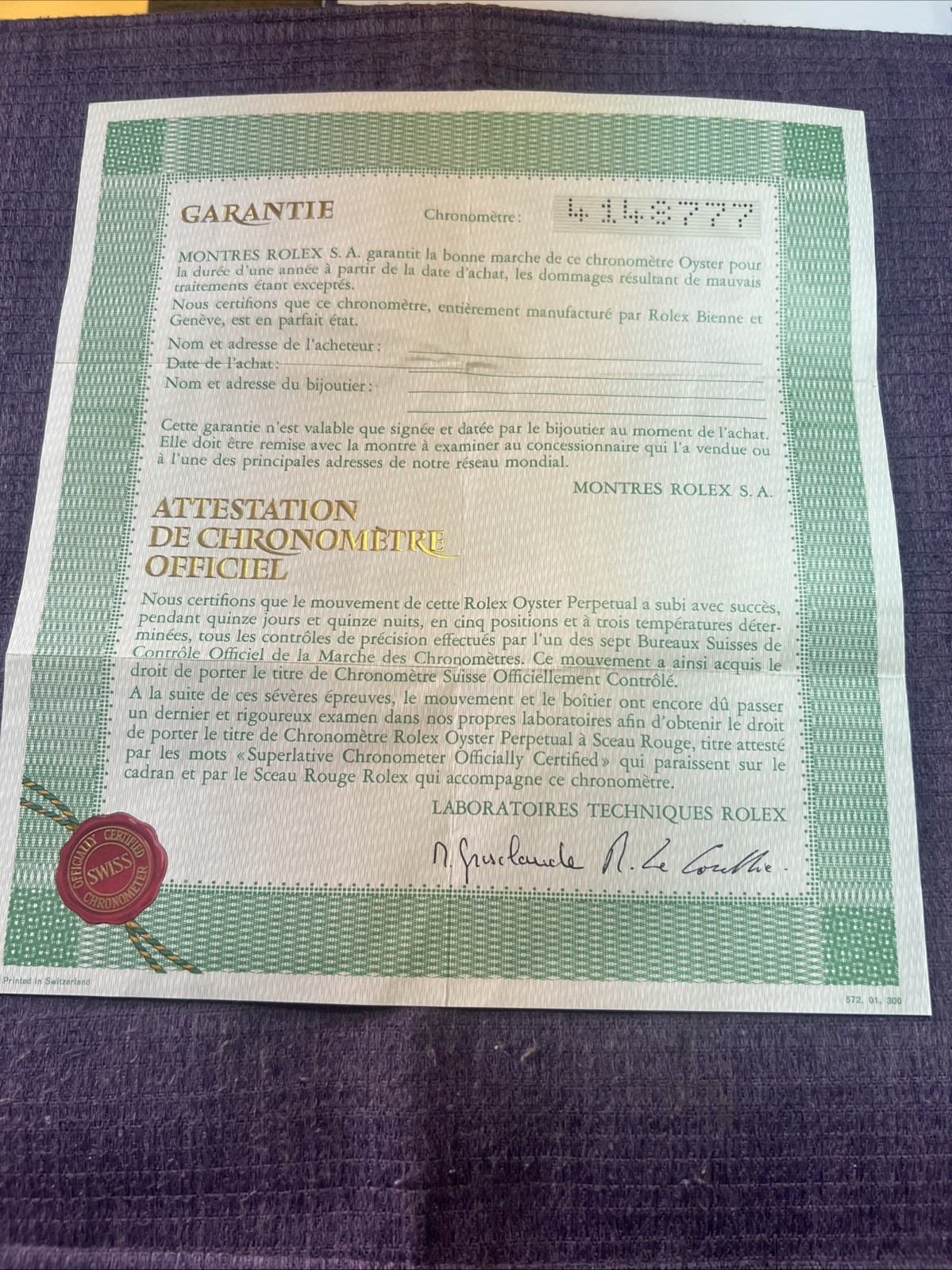 GENUINE Rolex Vintage watch Guarantee Warranty 1970s Certificate
