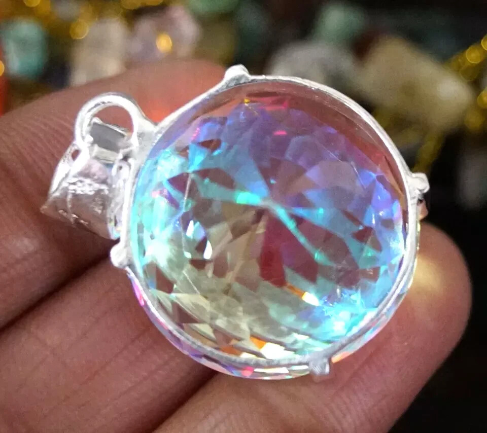 90.2 Ct+ Natural Rare Mystic Topaz Multi Color 925 Solid Silver Pendant Gemstone