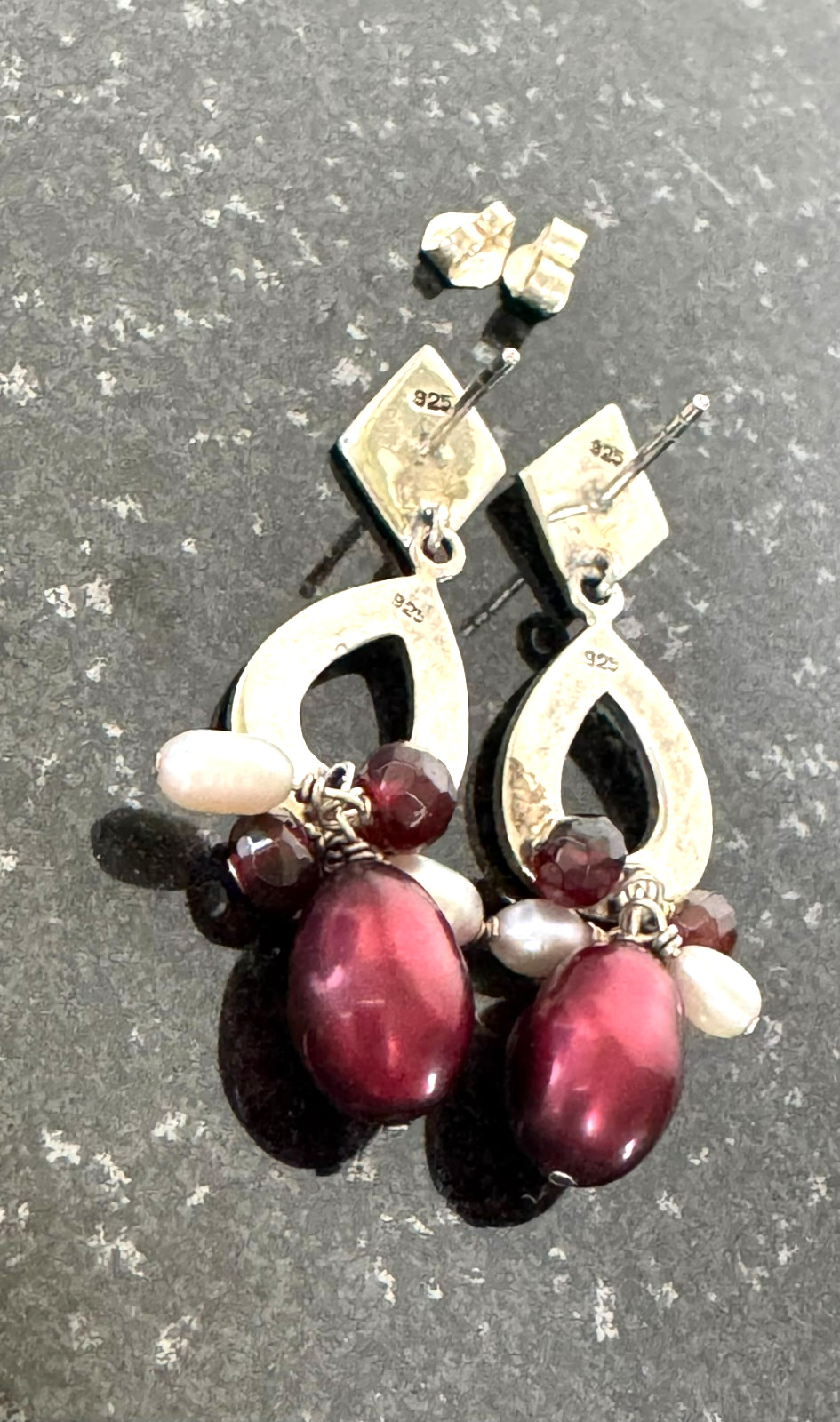 Vintage 925 Sterling Silver Marcasite Burgundy Dangle Earrings