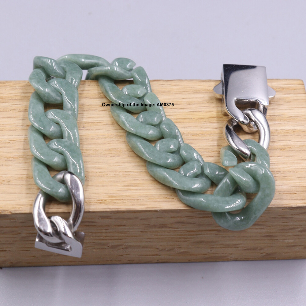 Natural Grade A Green Jade Curb Cuban Bracelet For Men 12mm Width Fit 7.48INCH