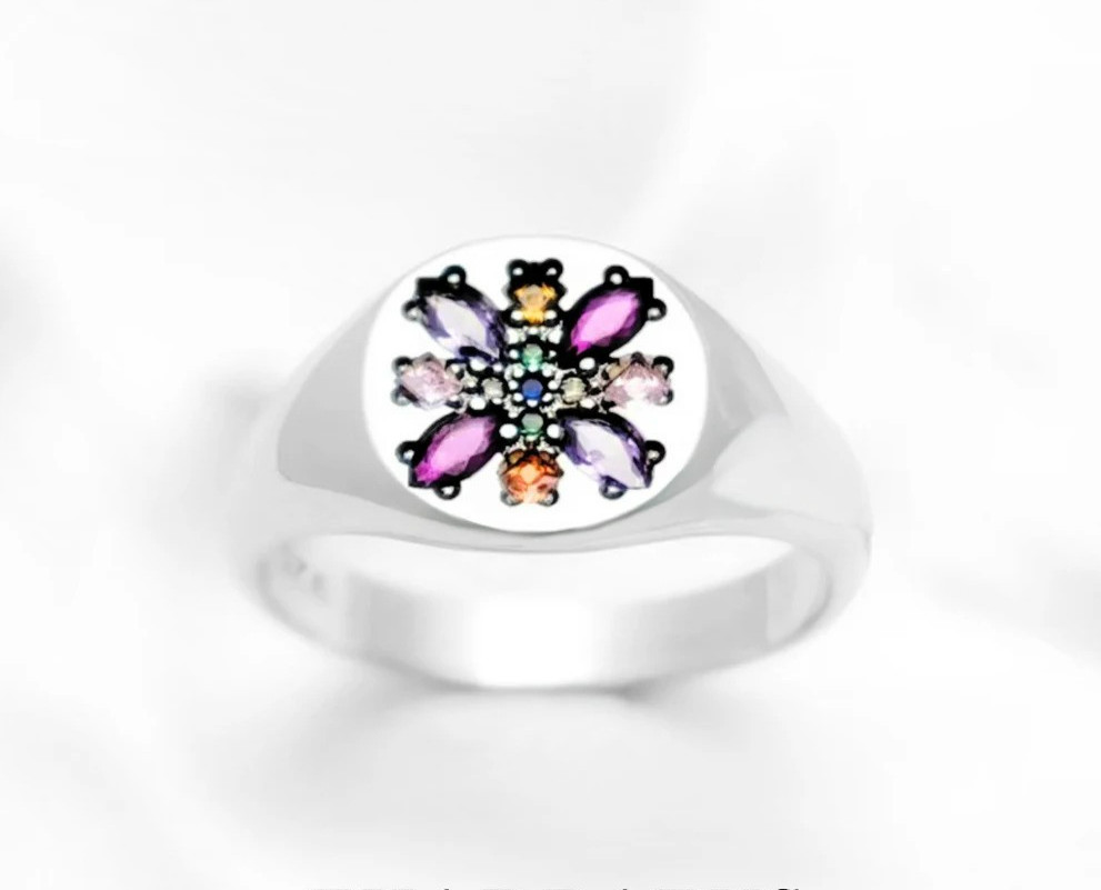 Signet Multicolor Gemstone Floral Blossom Ring size 7 or 8 or 9