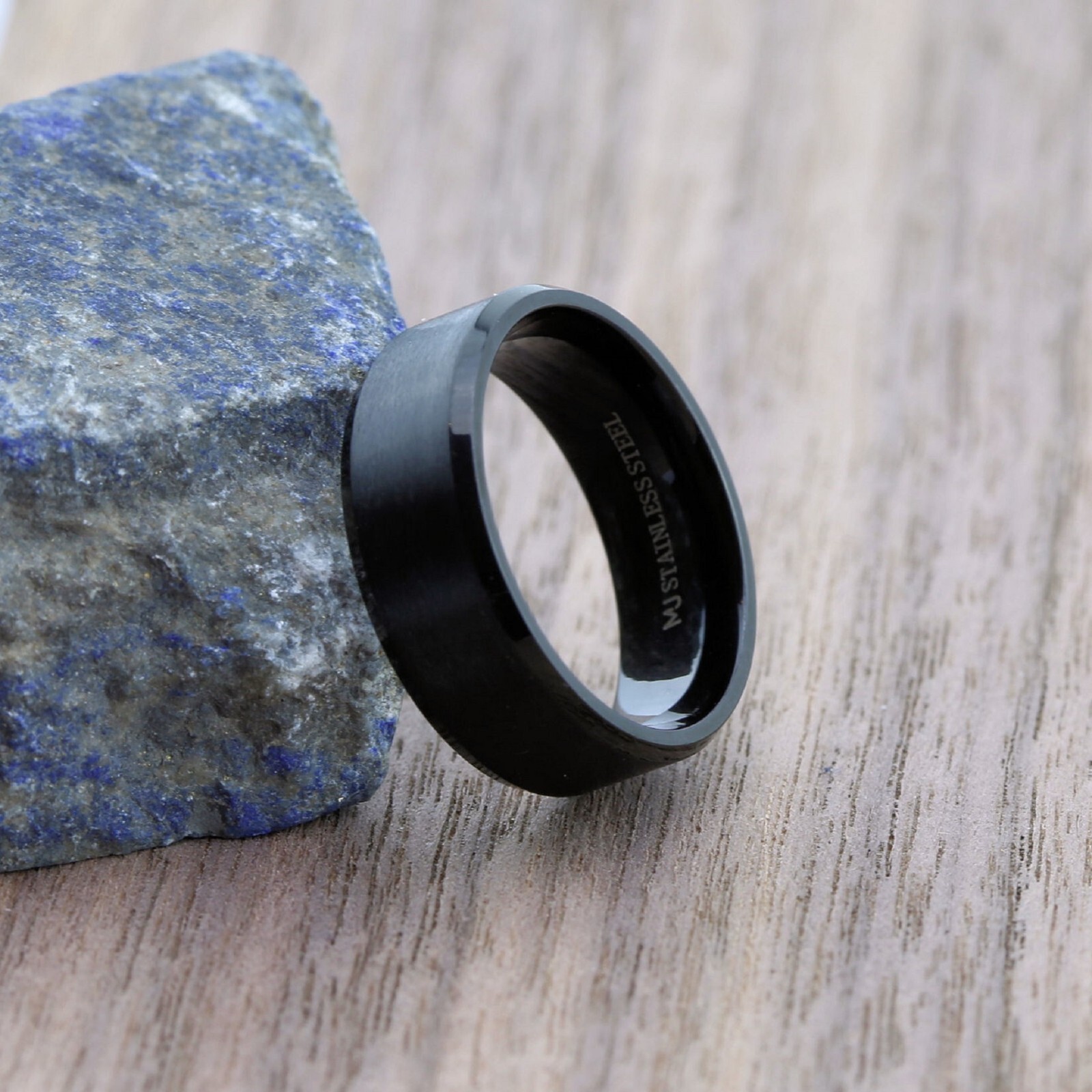 Black Plated Stainless Steel Brushed Beveled Edge or Center Groove 6 or 8mm Ring