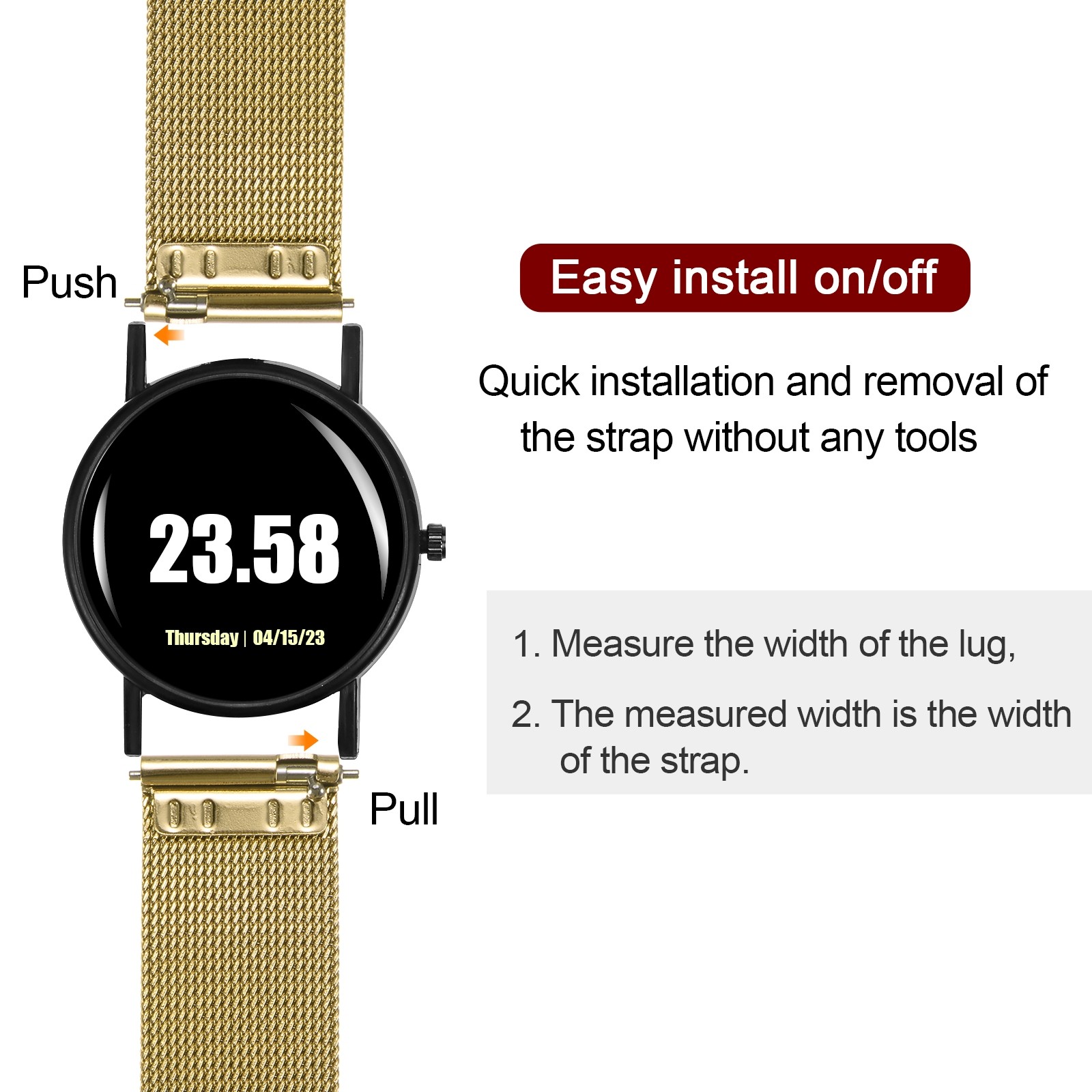 316L Stainless Steel Mesh Watch Band 15mm Quick Release Adjust Strap – Gold