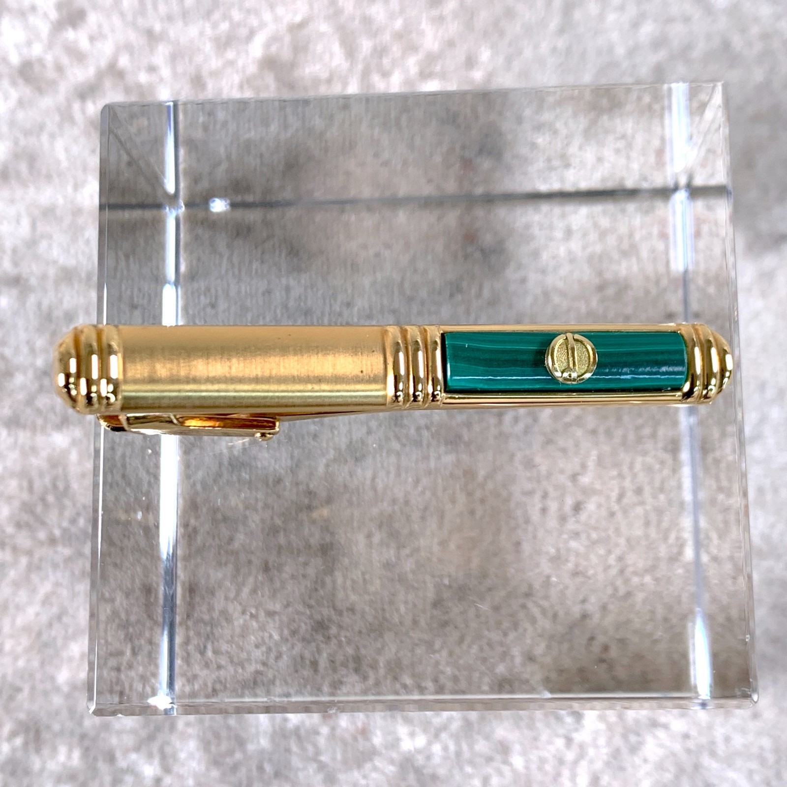 Vintage Dunhill Cufflinks & Tie Bar Clip Cylinder Malachite Gold Finish w/Box