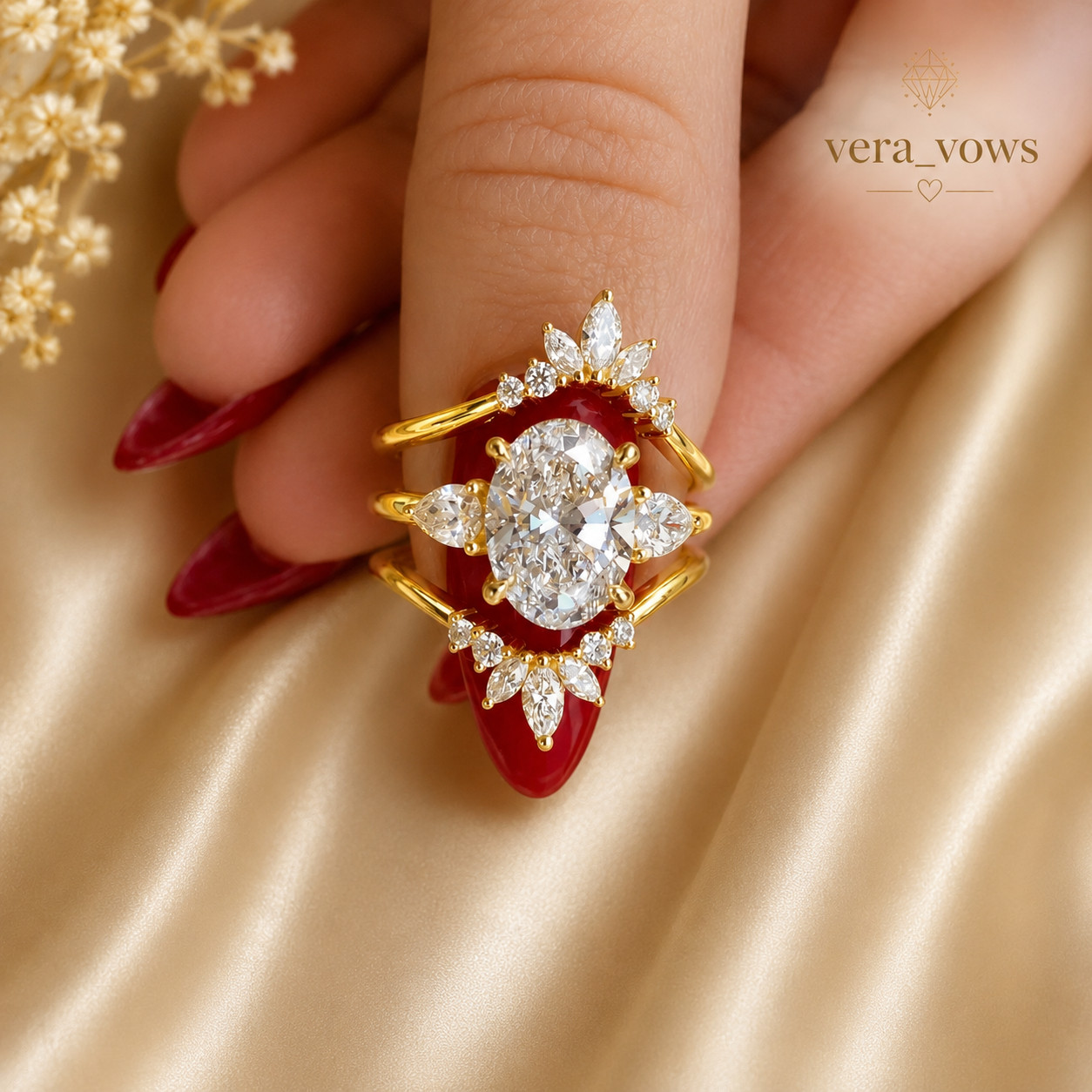 Engagement Ring 2Ct Moissanite Oval Bridal Band 14k Yellow Gold Plated Halo Set