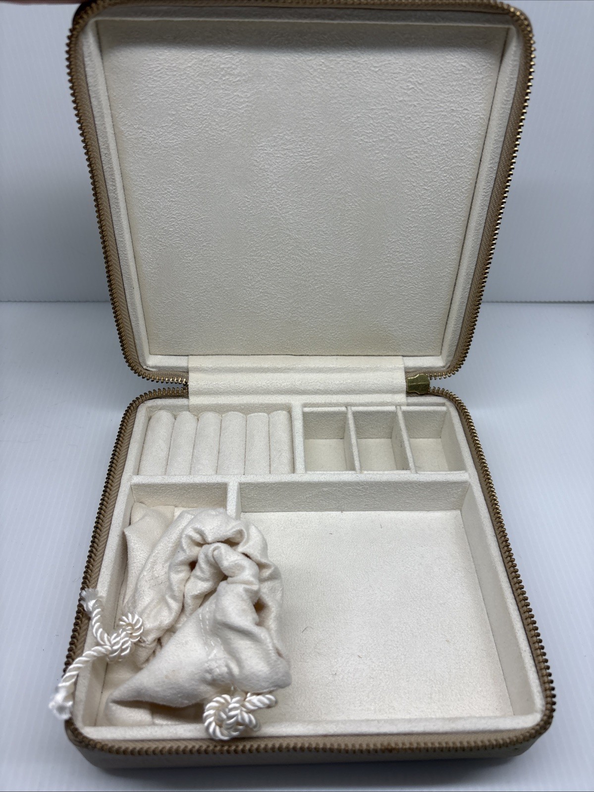 Pottery Barn Monogrammed “MICAELA” Jewelry Case, Beige, 7x7x2” Used