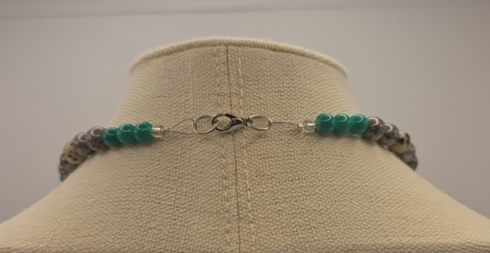 Beaded Necklace Green Silver and Tan with Pendant