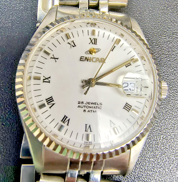 RARE ENICAR 25 Jewels Automatic White Dial Roman Index Watch Vintage Fair Scuffs
