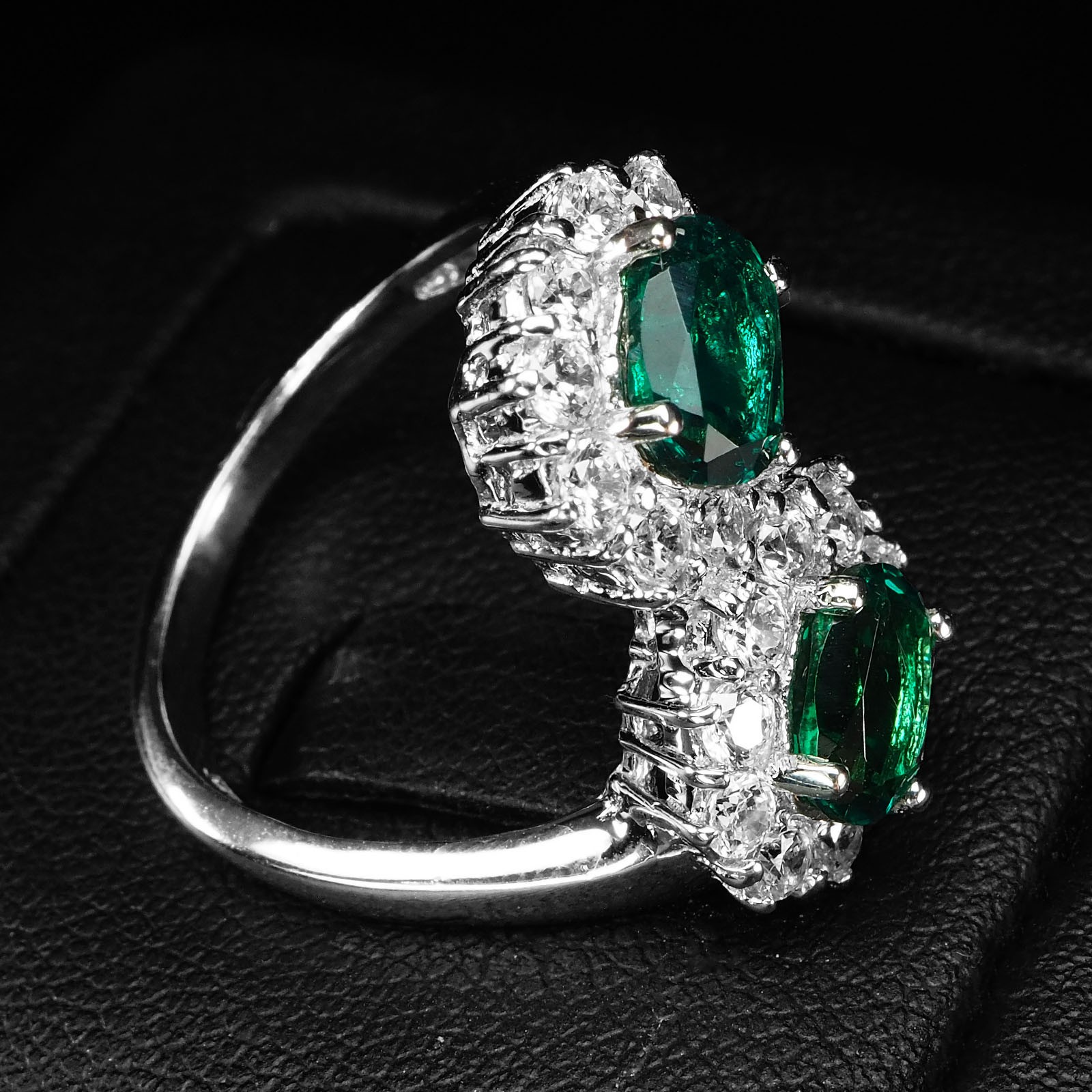Duo Stone Vivid Green Emerald 1.60Ct 925 Sterling Silver Two Stone Floral Rings