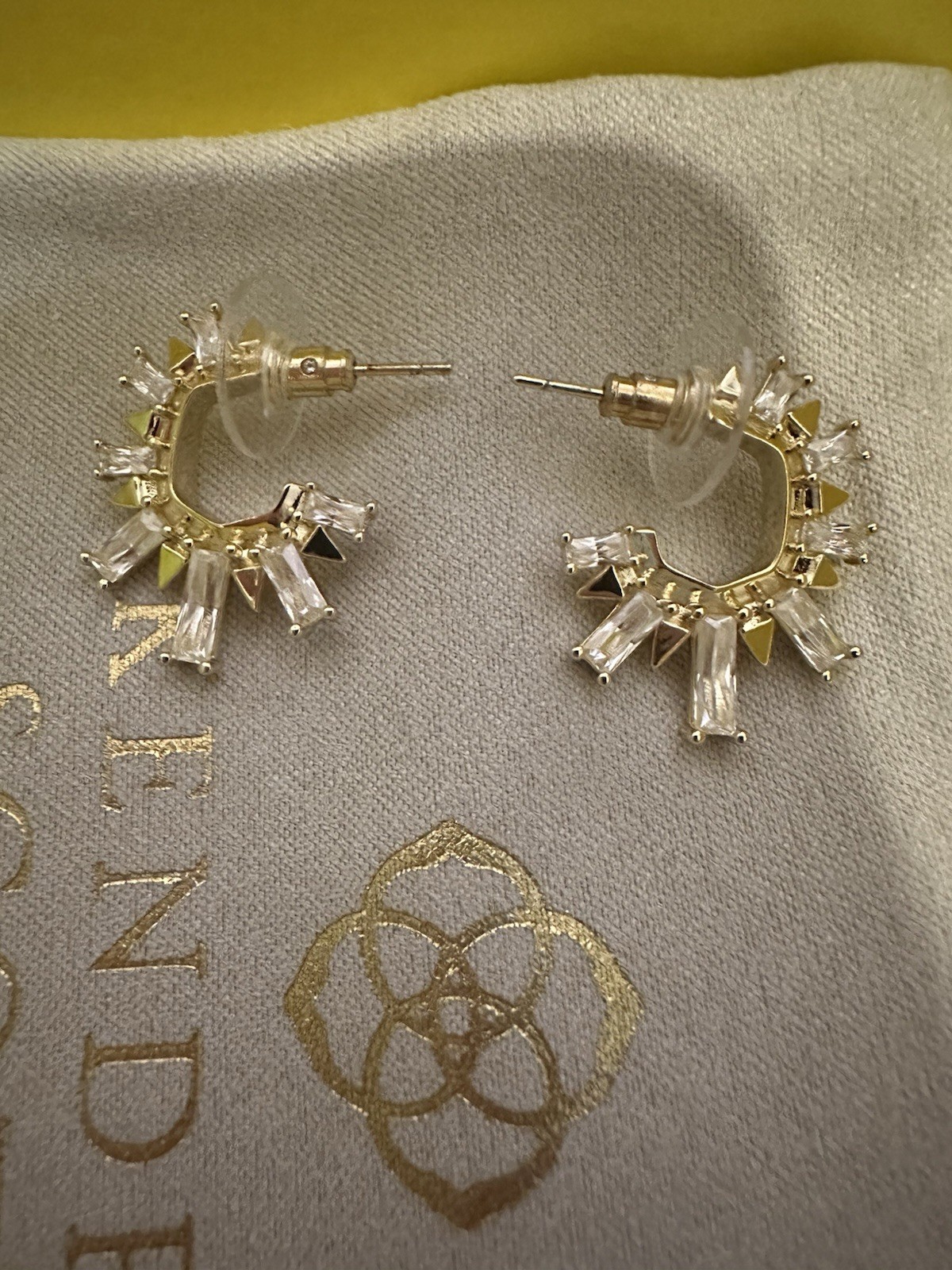 Kendra Scott 14K Gold Over Brass Crystal Hoop Stud Earrings Clear Baguette