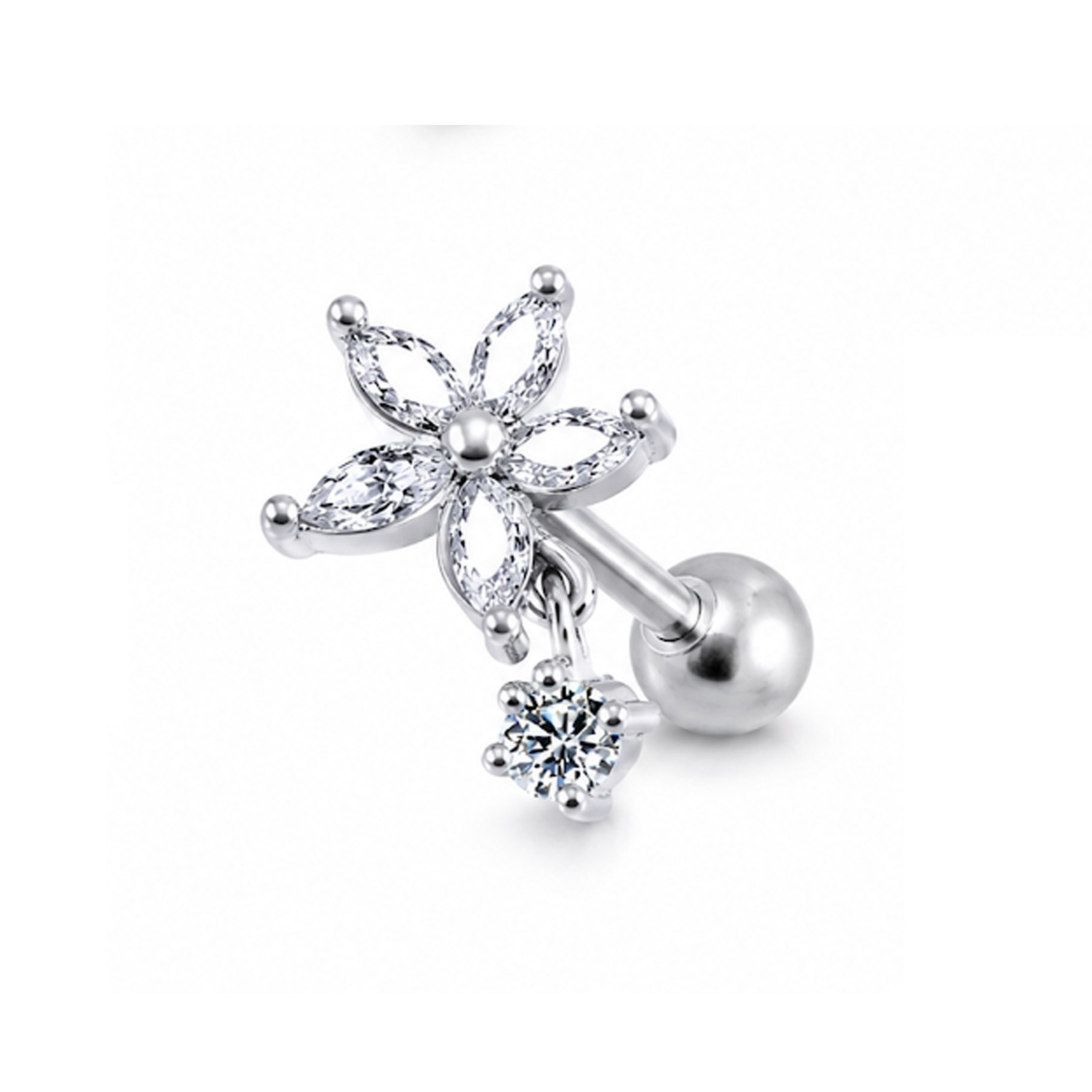 316L Surgical Steel Flower Clear Gem Dangling Cartilage Helix Tragus Piercing