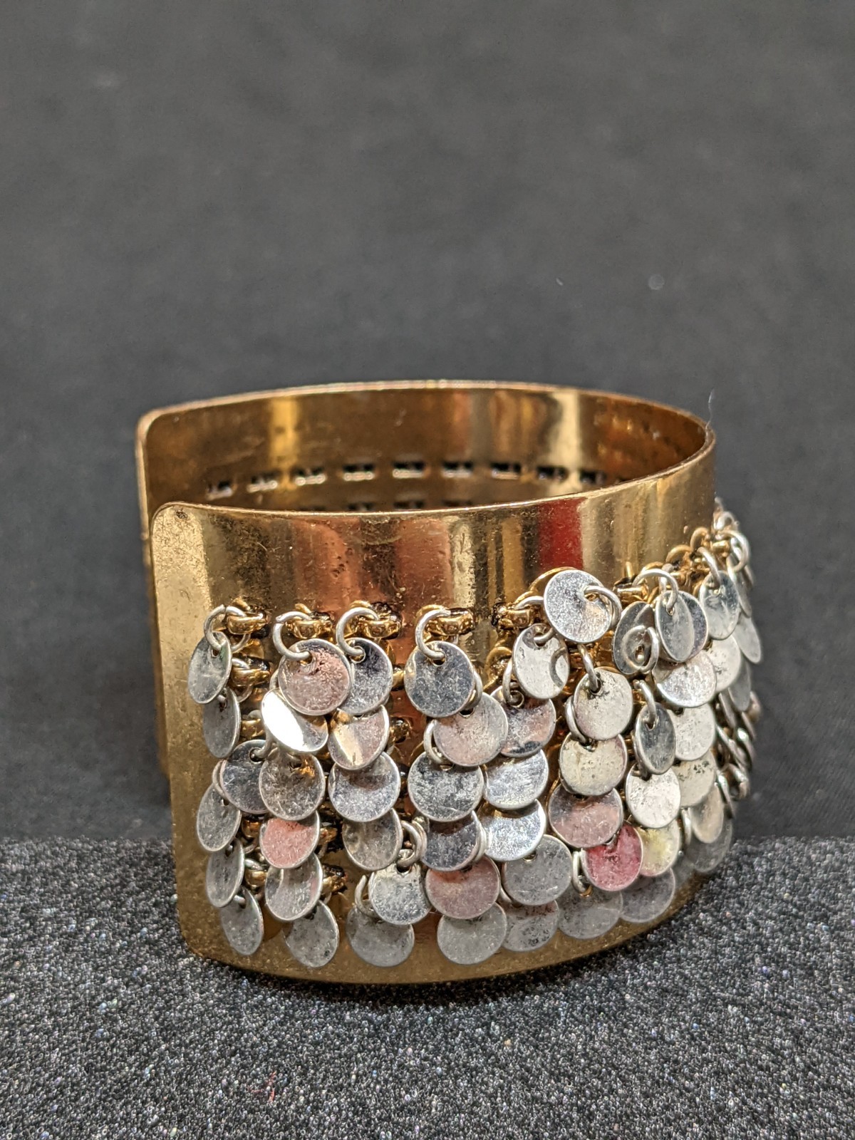 Zara Gold & Silver Tone Wide Cuff Bracelet Silver Disc Fringe Statement 7.0″ New
